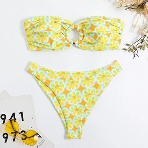 Yellow floral strapless bikini set